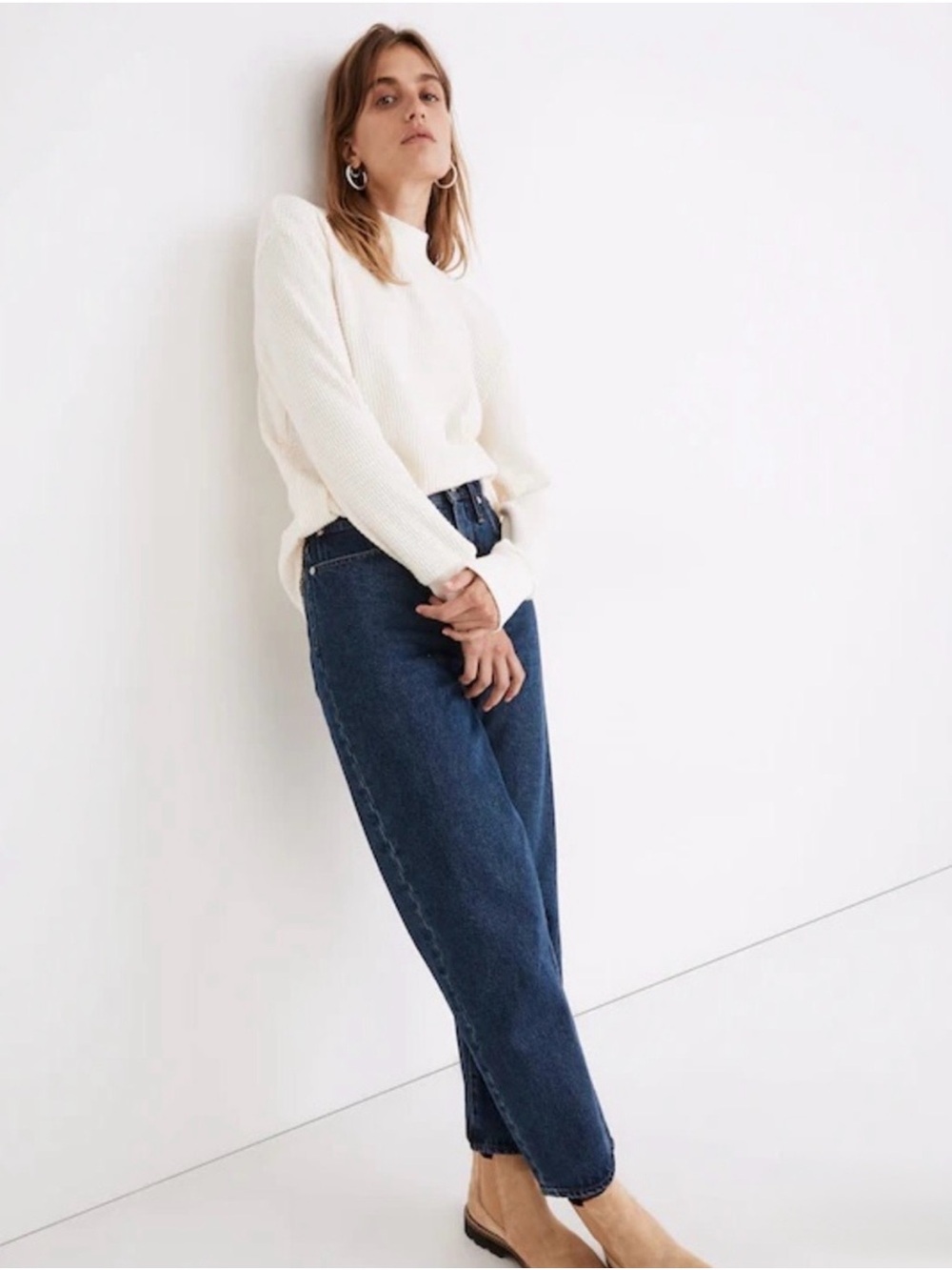 Madewell Antique Cream Mock Neck Waffle Knit Thermal Long Sleeve Sweater Tee XS